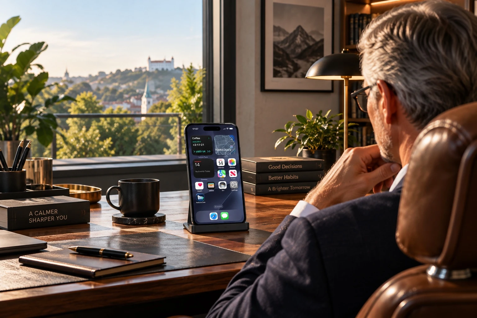 A man relaxing in an armchair beside a docked iPhone showing his Reduce.Care widget.