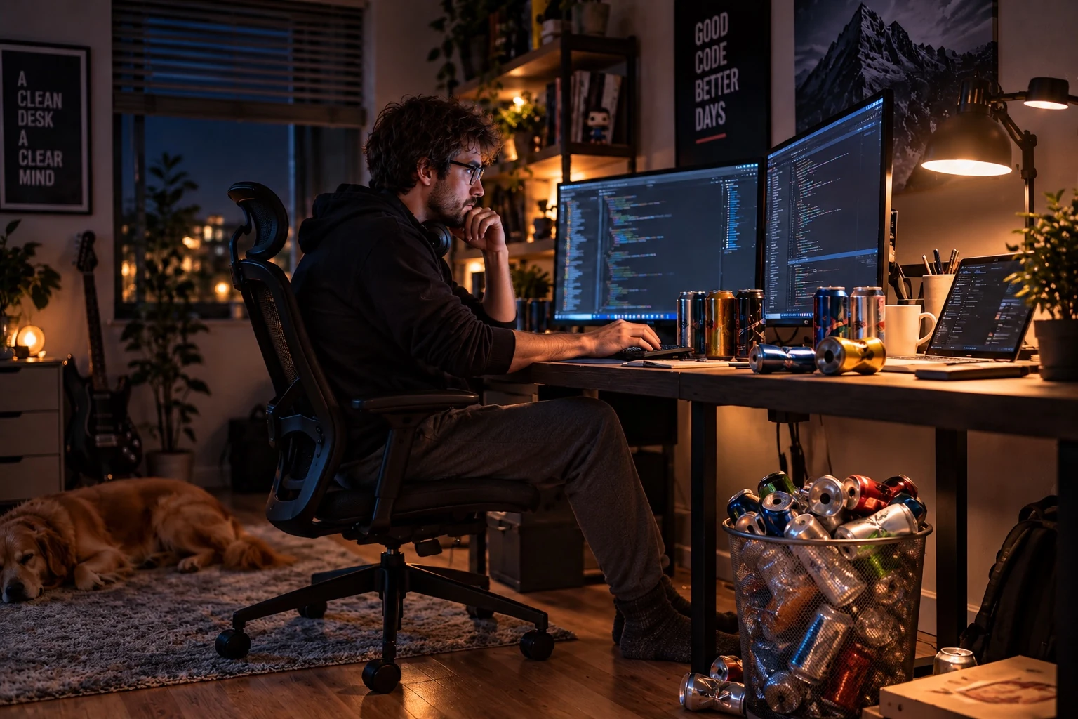 A programmer working at night with several generic energy drink cans nearby