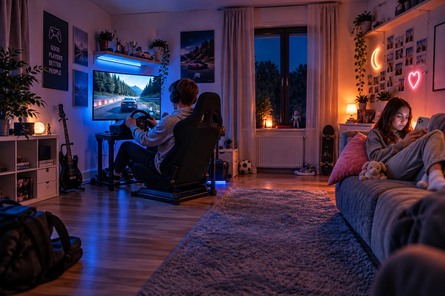 A brother gaming and a sister scrolling her phone in the same room